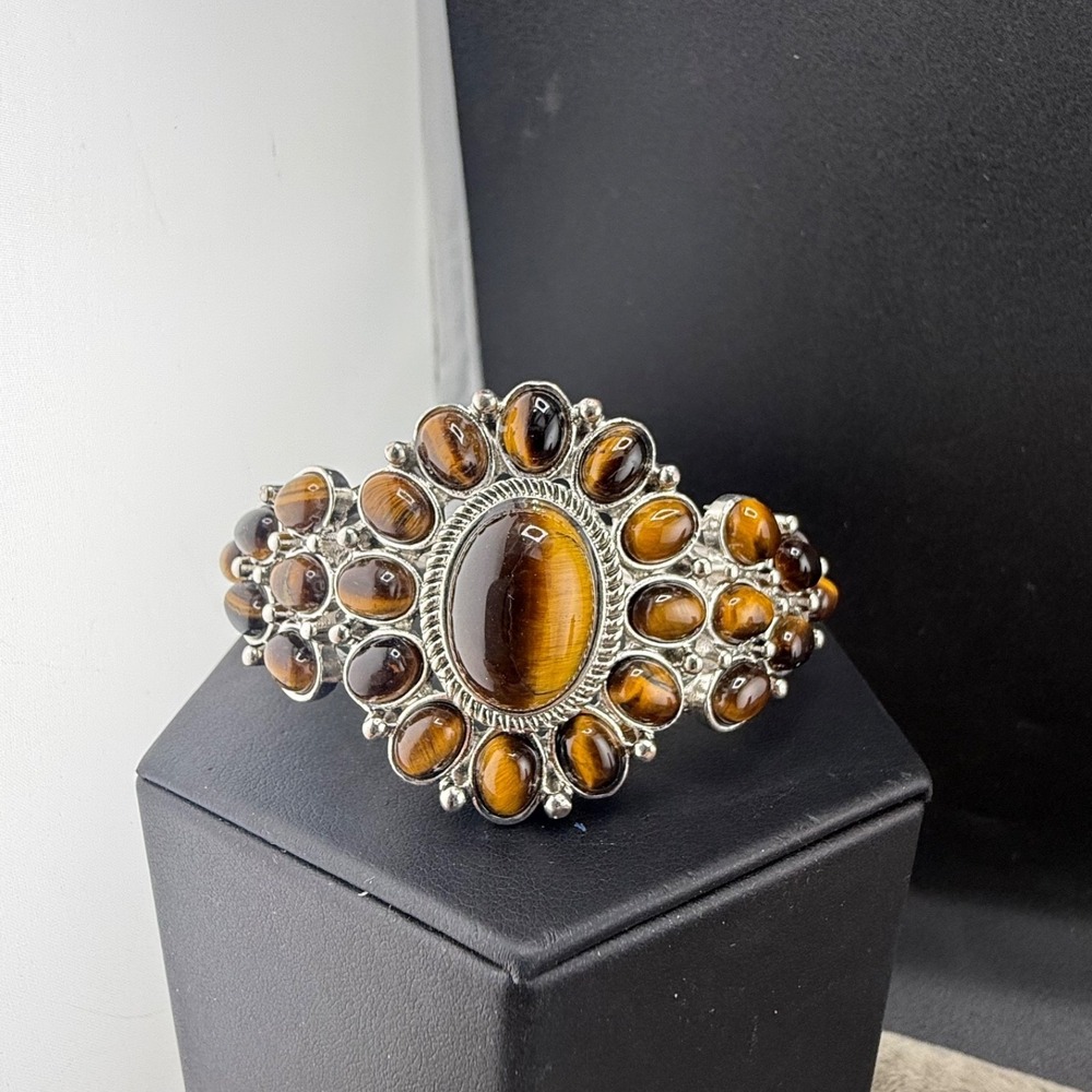 Estate Bangle Bracelet Silver Faux Tigers Eye Cluster Hinge 7in